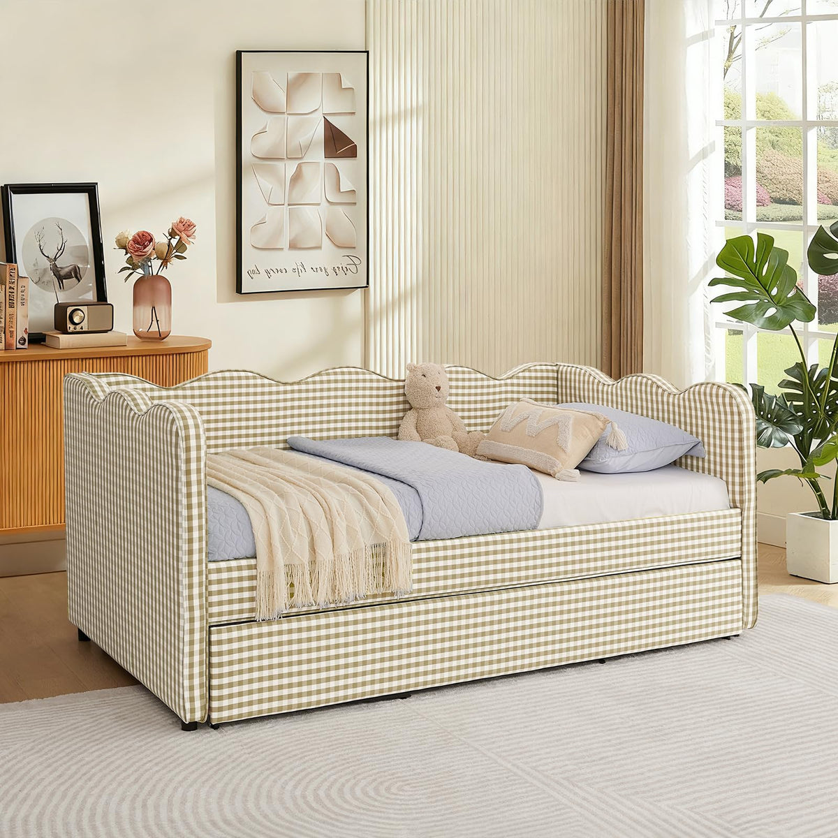 Twin Size Gingham Upholstered Daybed with Trundle and USB Ports V592