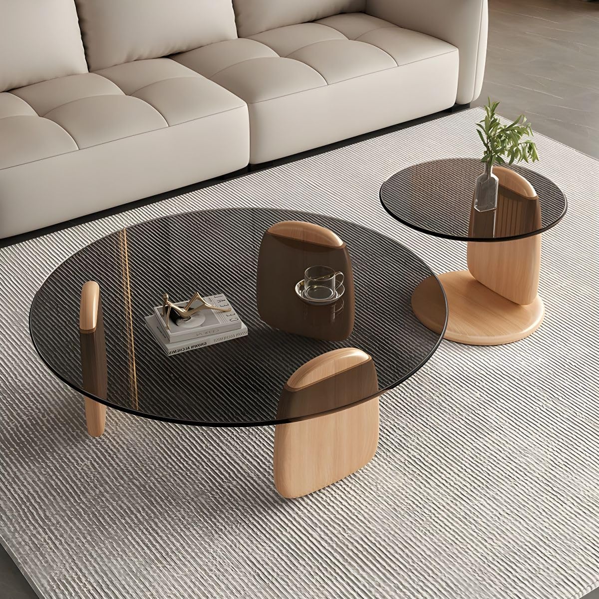 Nesting Coffee Table Set of 2 Glass Round Top Wood Legs Y74501