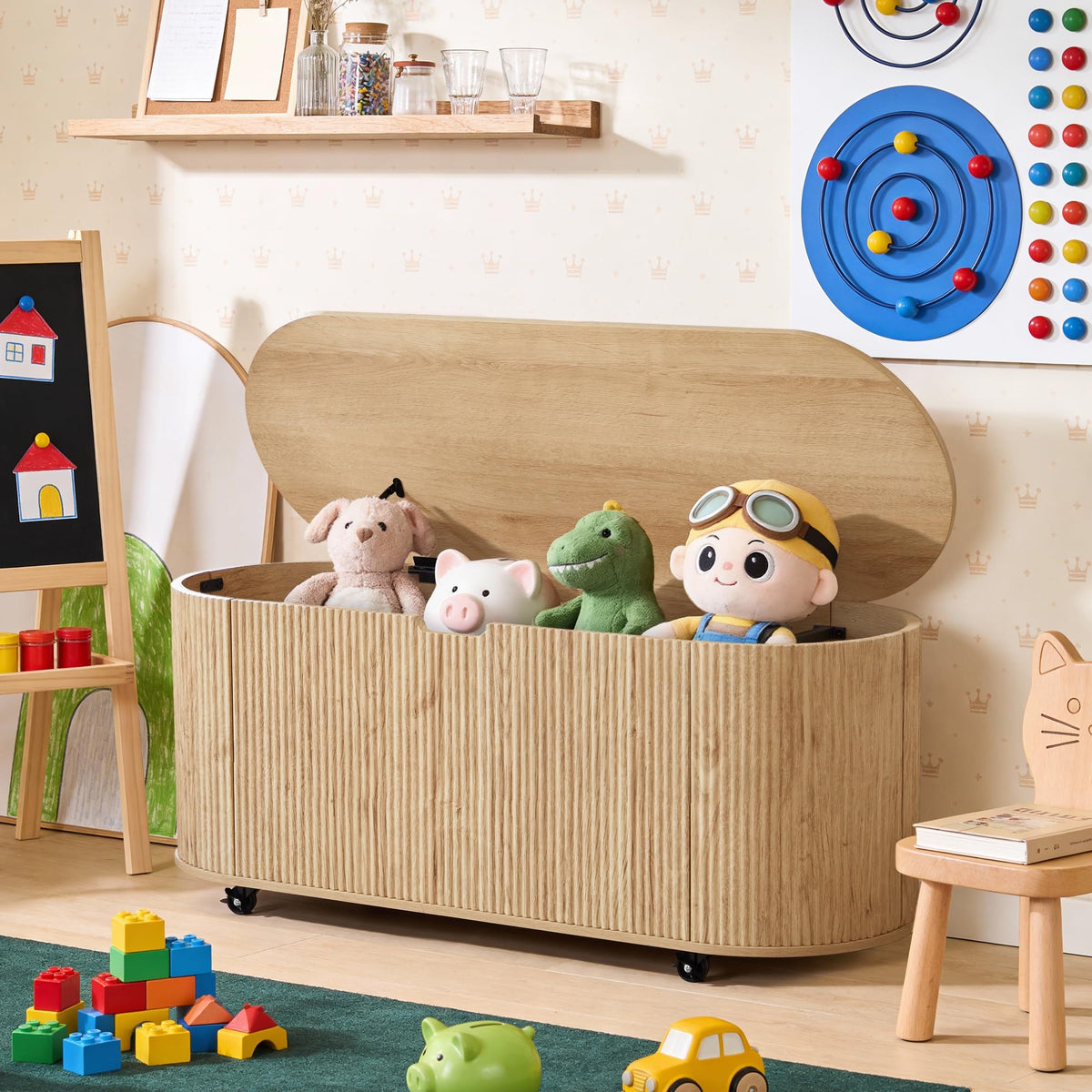 Natural Fluted Storage Bench with 4 Wheels N4400