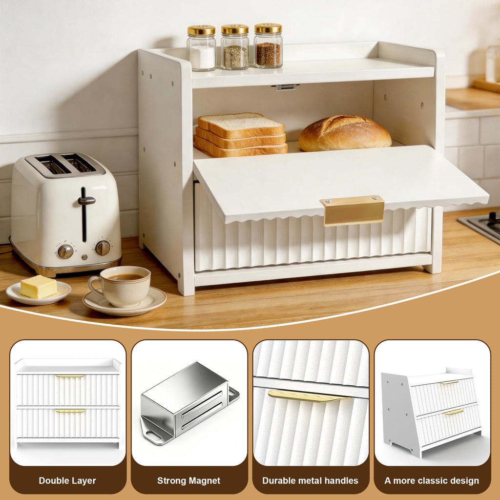 White Double Layer Wooden Bread Box A634071