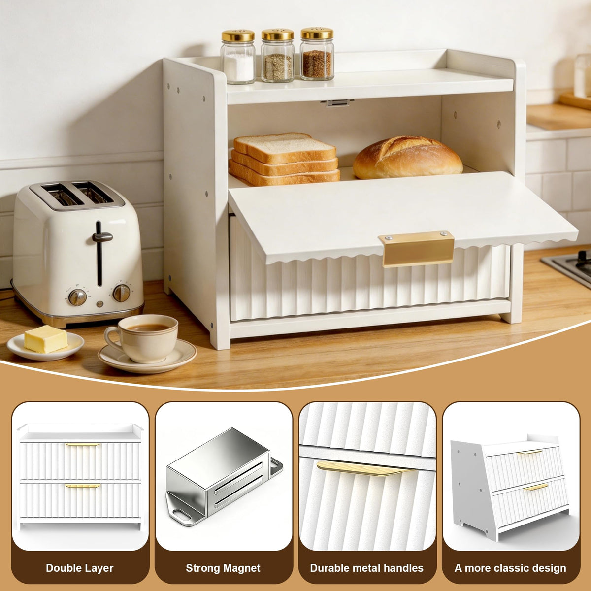 White Double Layer Wooden Bread Box A634071