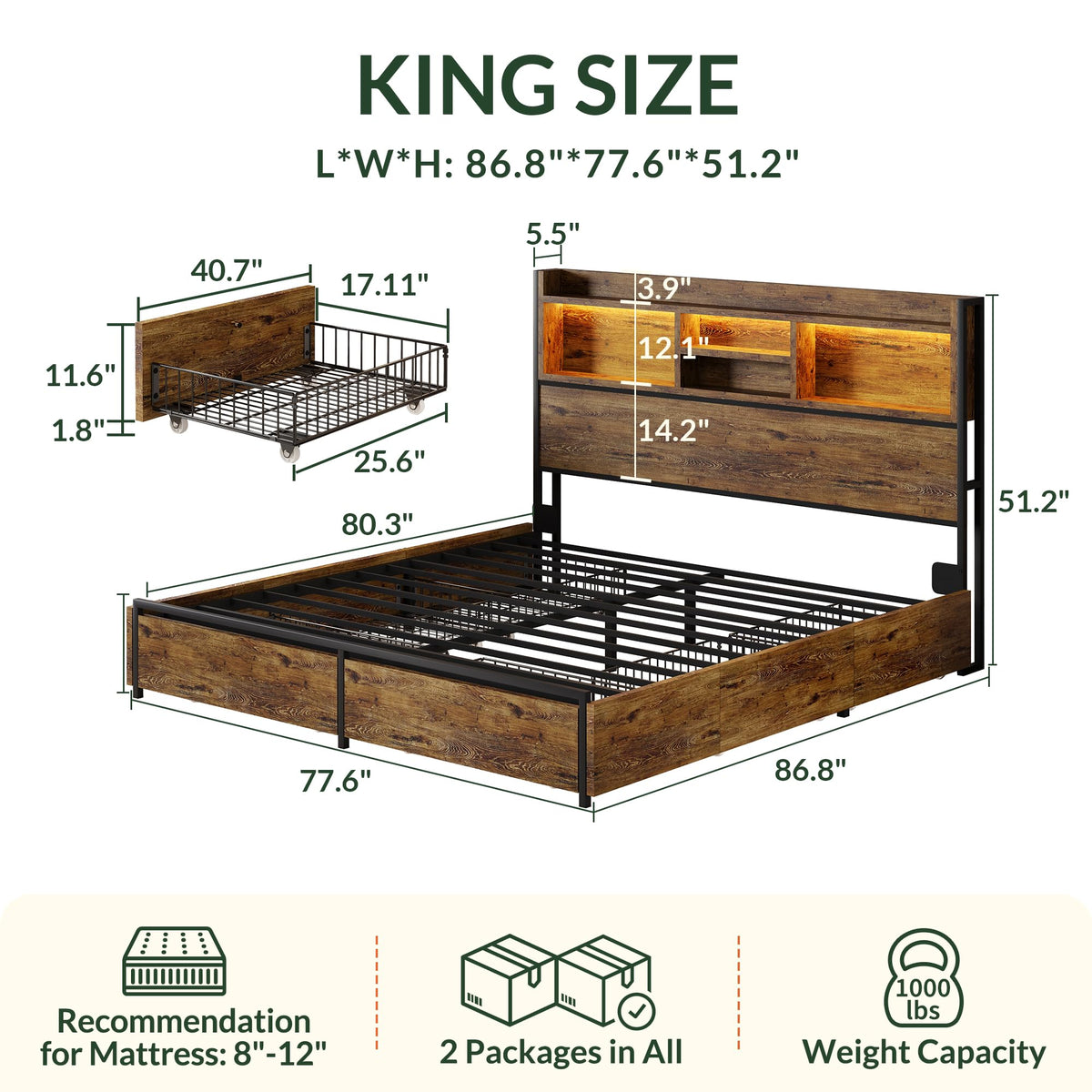 King Size Wooden Platform Bed Frame with 6 Storage Drawers and Headboard V535492