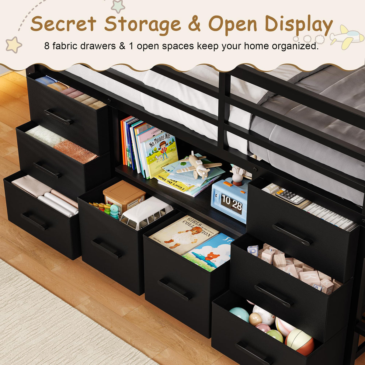 Black Twin Size Low Loft Bed with 8 Storage Drawers T719