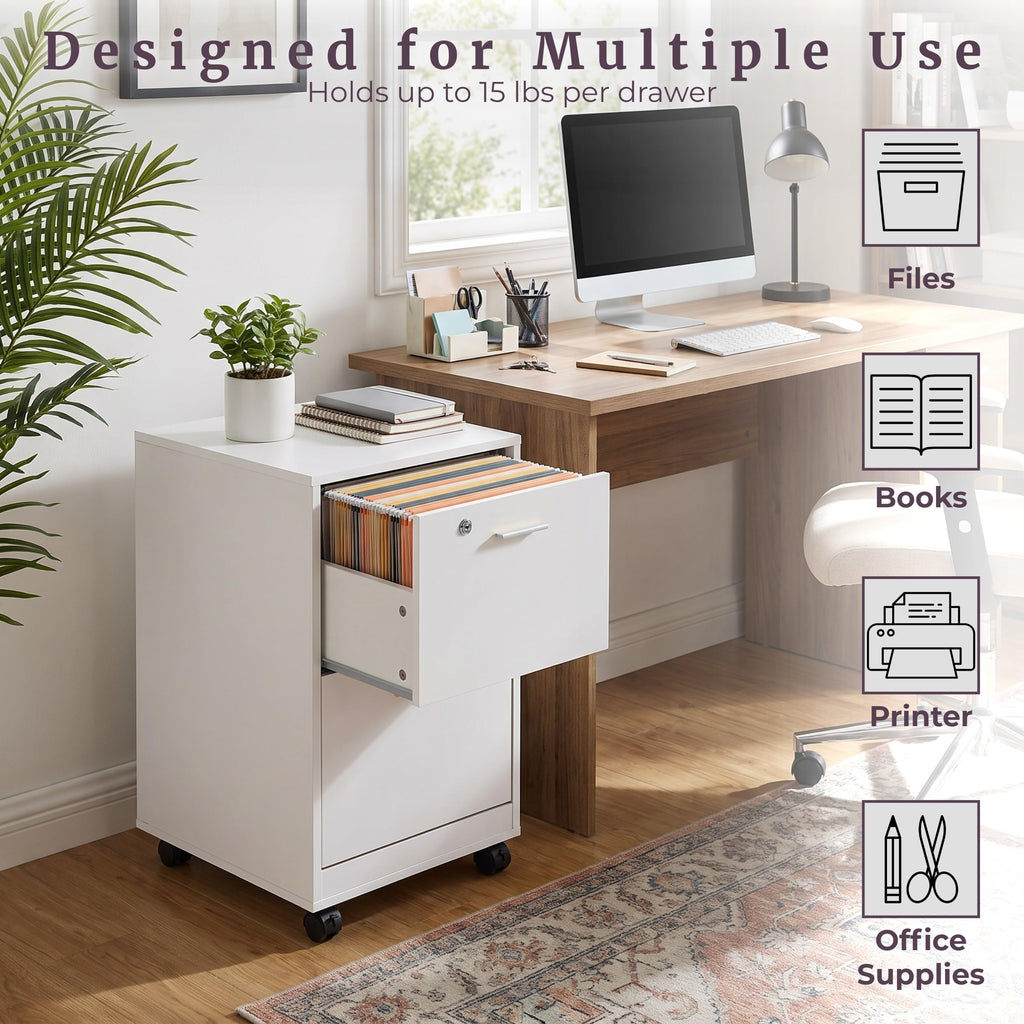 White 2-Drawer Wooden File Cabinet with Lock X7475