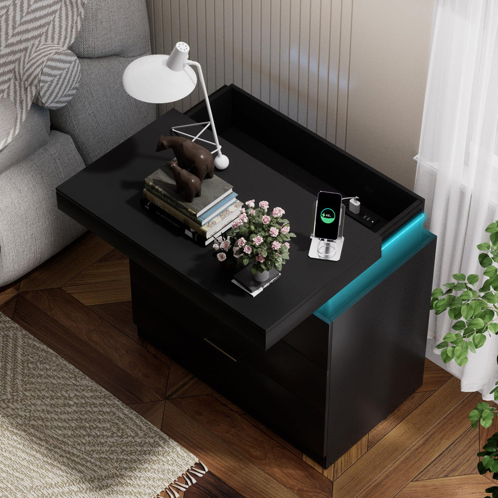 Black Nightstand with Charging Station and LED Lights P656