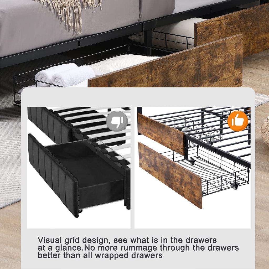 King Size Wood Bed Frame with 4 Storage Drawers P562
