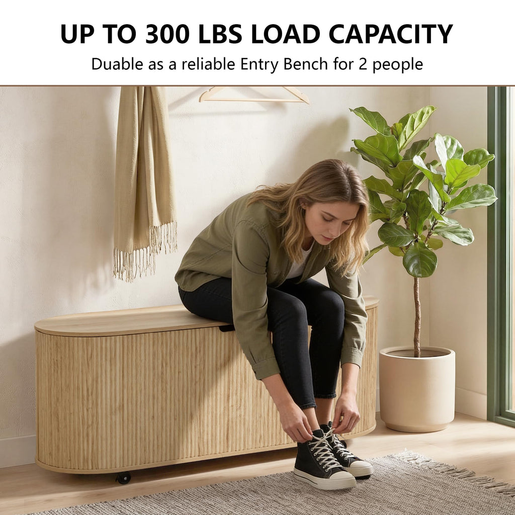 Natural Fluted Storage Bench with 4 Wheels N4400