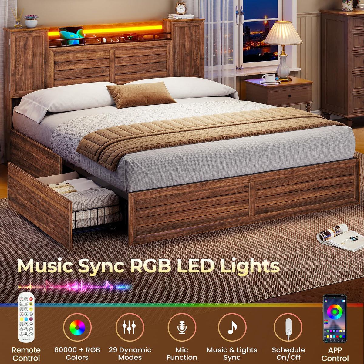 Brown Full Size Wood Bed Frame with Headboard and Storage I40896