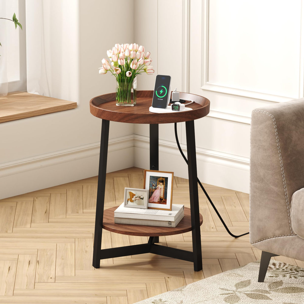 Round Industrial Side Table with Charging Station, 2-Tier Metal Frame D652204
