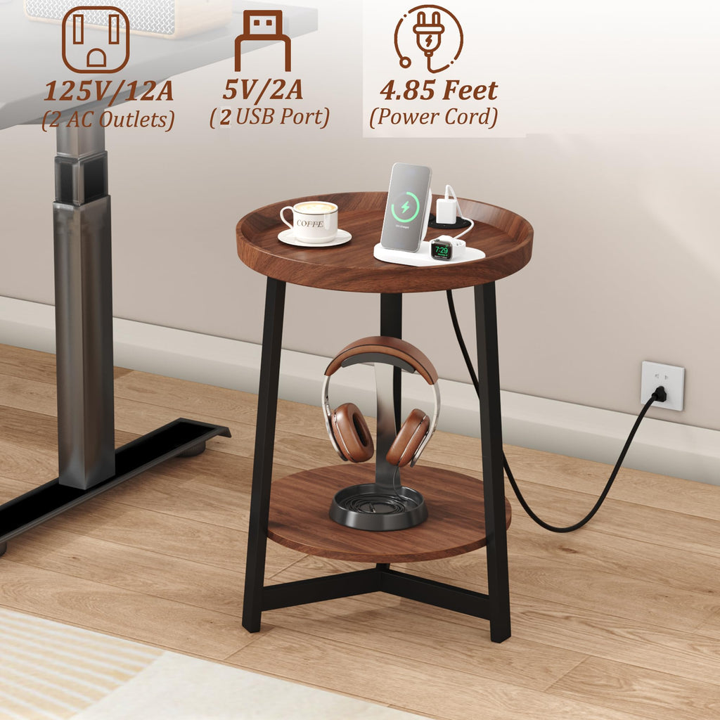 Round Industrial Side Table with Charging Station, 2-Tier Metal Frame D652204