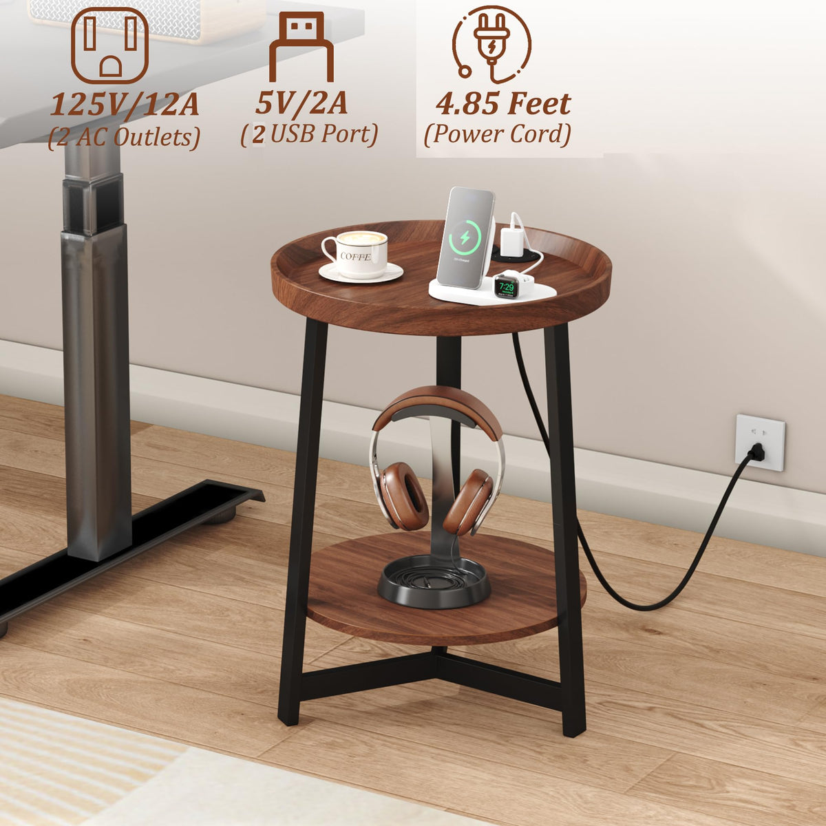 Round Industrial Side Table with Charging Station, 2-Tier Metal Frame D652204