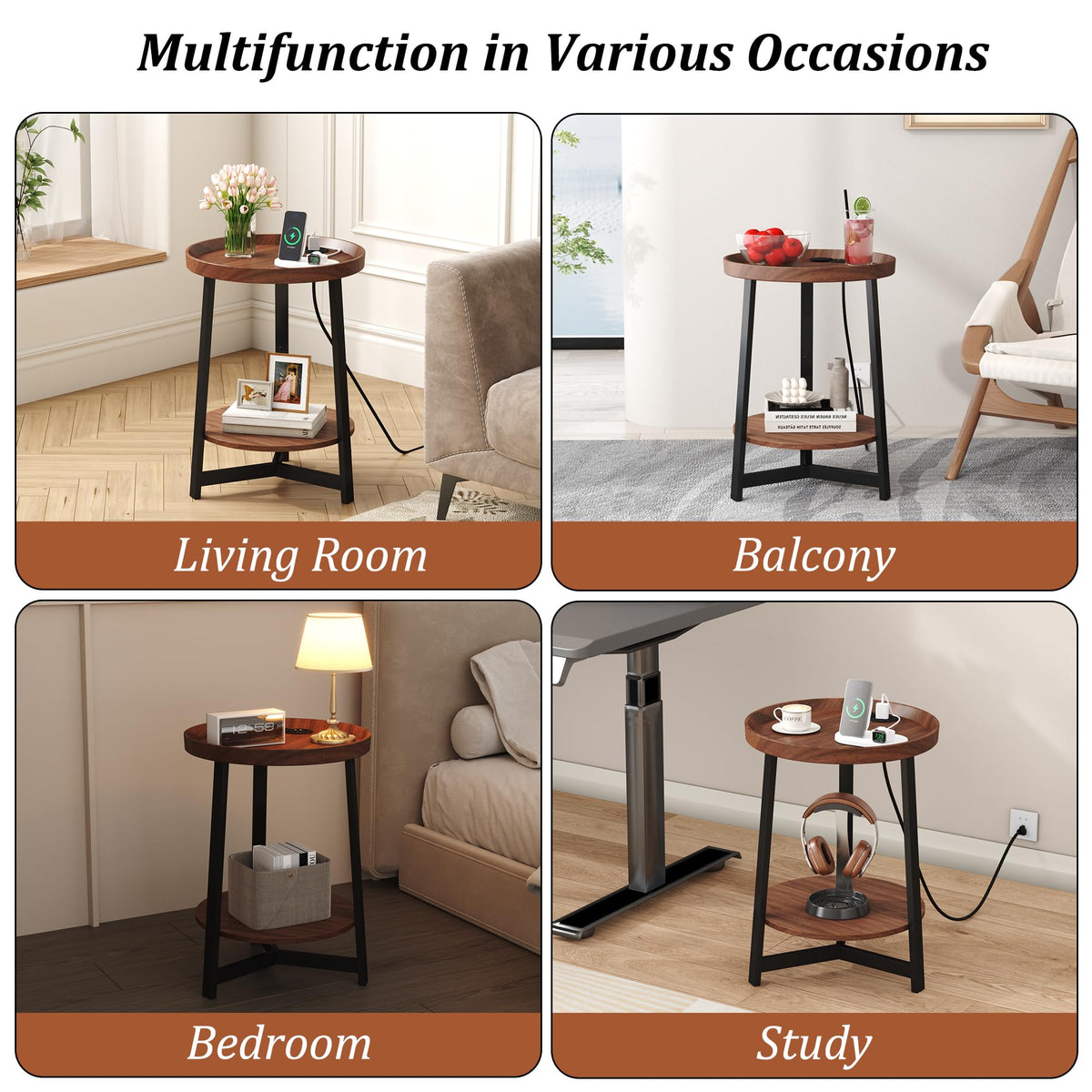 Round Industrial Side Table with Charging Station, 2-Tier Metal Frame D652204