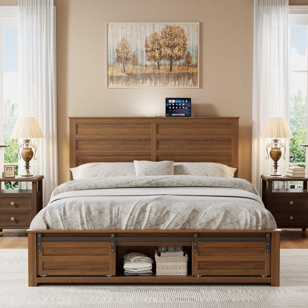 Queen Size Wooden Bed Frame with Headboard and Storage Footboard E438393
