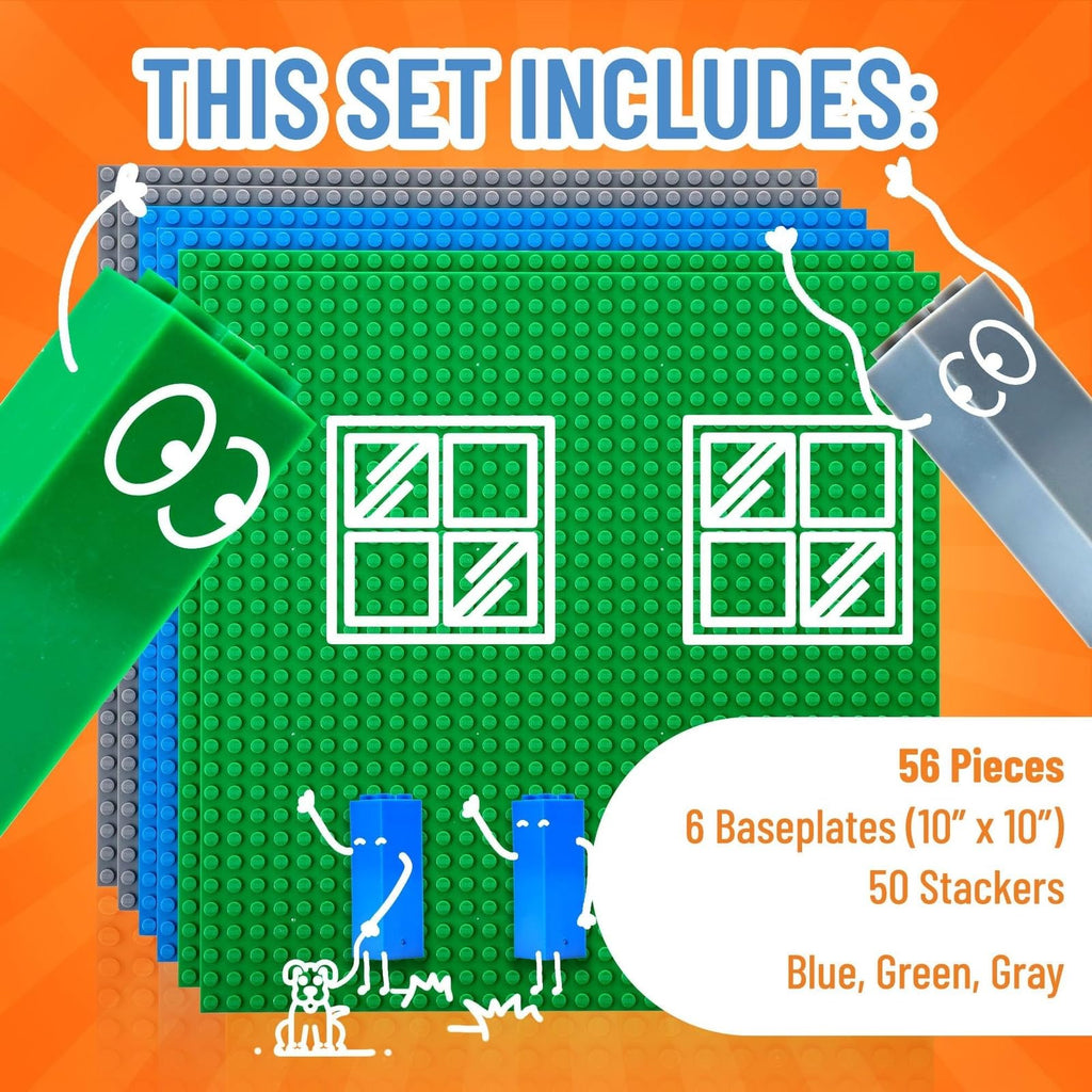 10 x 10 in 6 Baseplates with 50 Stackers Building Toy Blocks Q1525