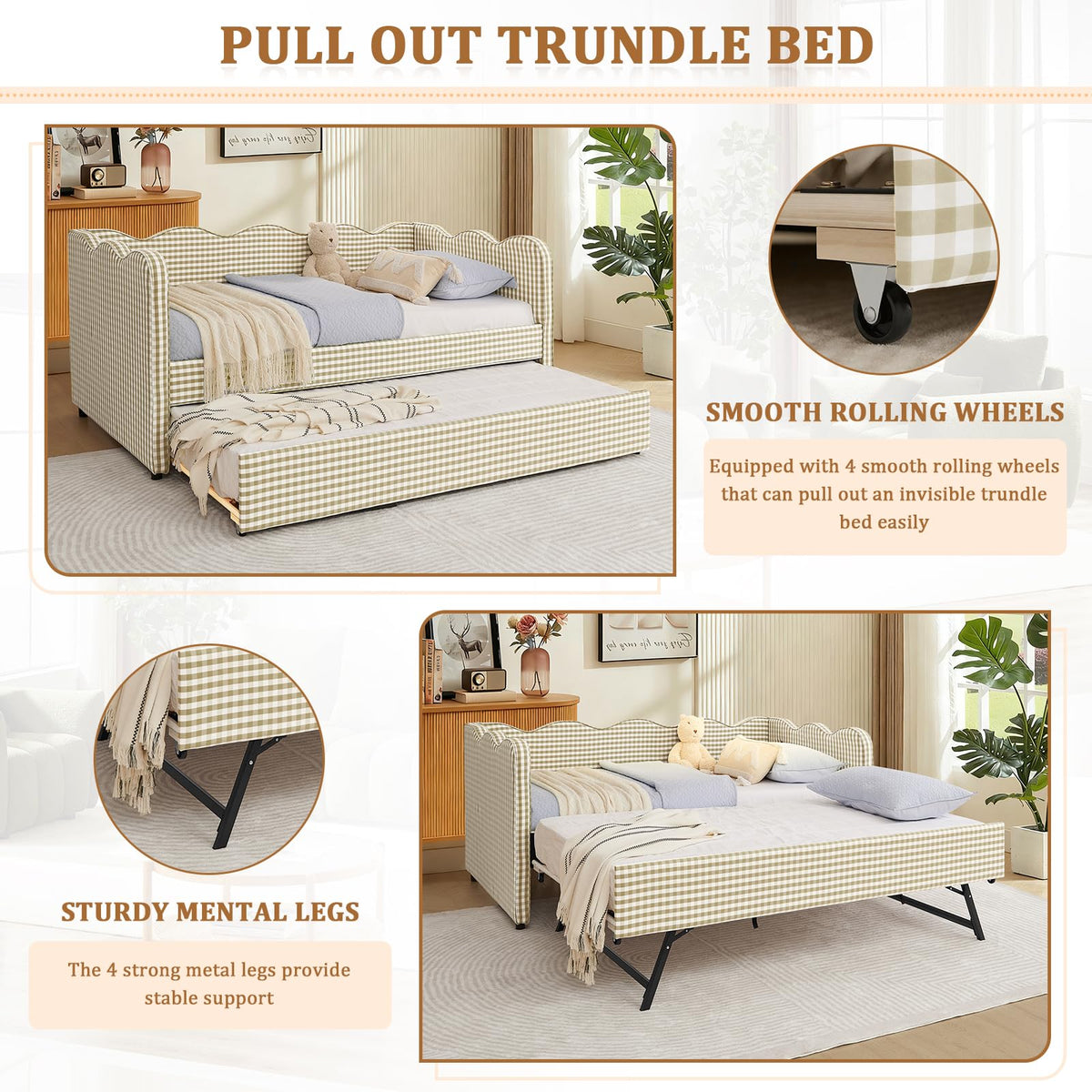 Twin Size Gingham Upholstered Daybed with Trundle and USB Ports V592