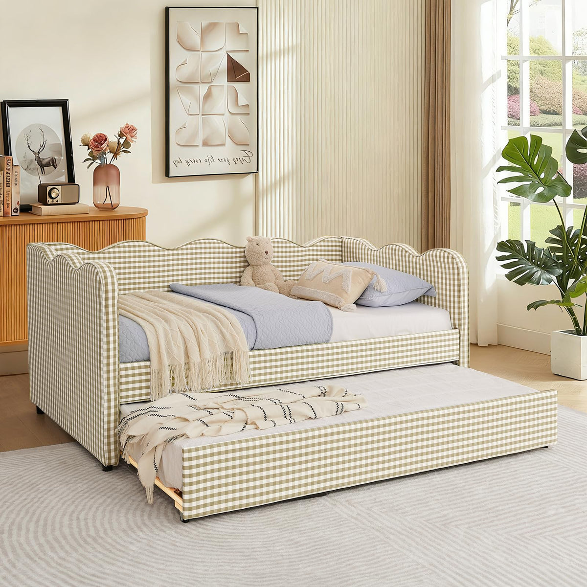 Twin Size Gingham Upholstered Daybed with Trundle and USB Ports V592