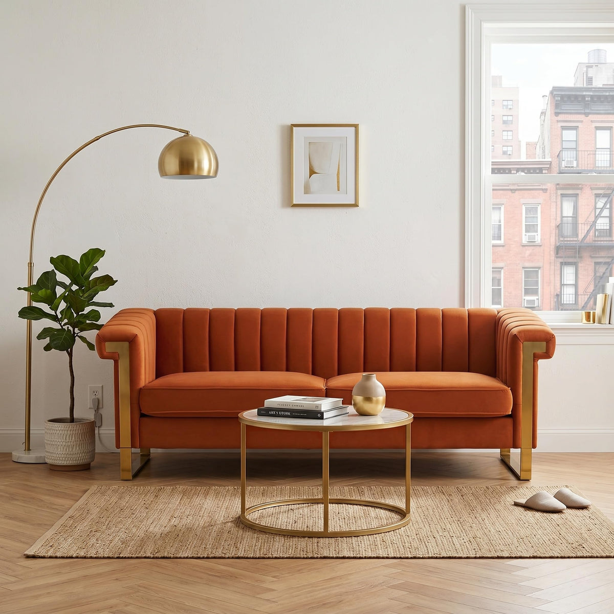 Orange Velvet 3 Seater Sofa with Gold Metal Legs C346