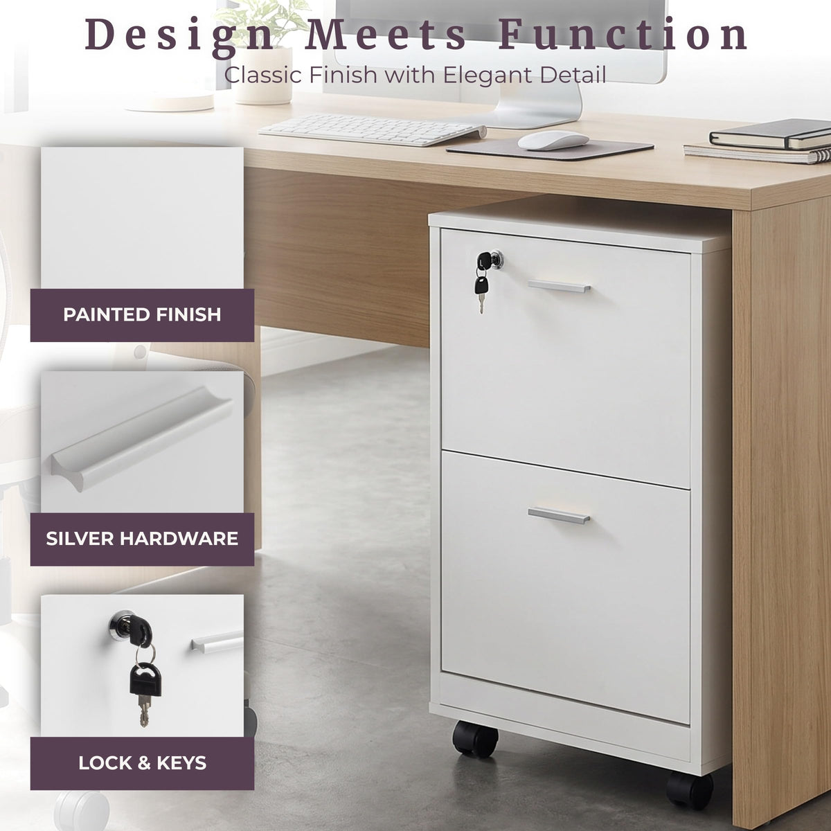 White 2-Drawer Wooden File Cabinet with Lock X7475