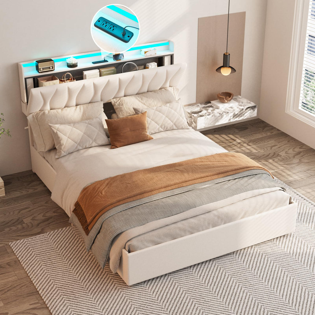 Beige Full Size Lift Up Storage Bed Frame with Charging Station K463