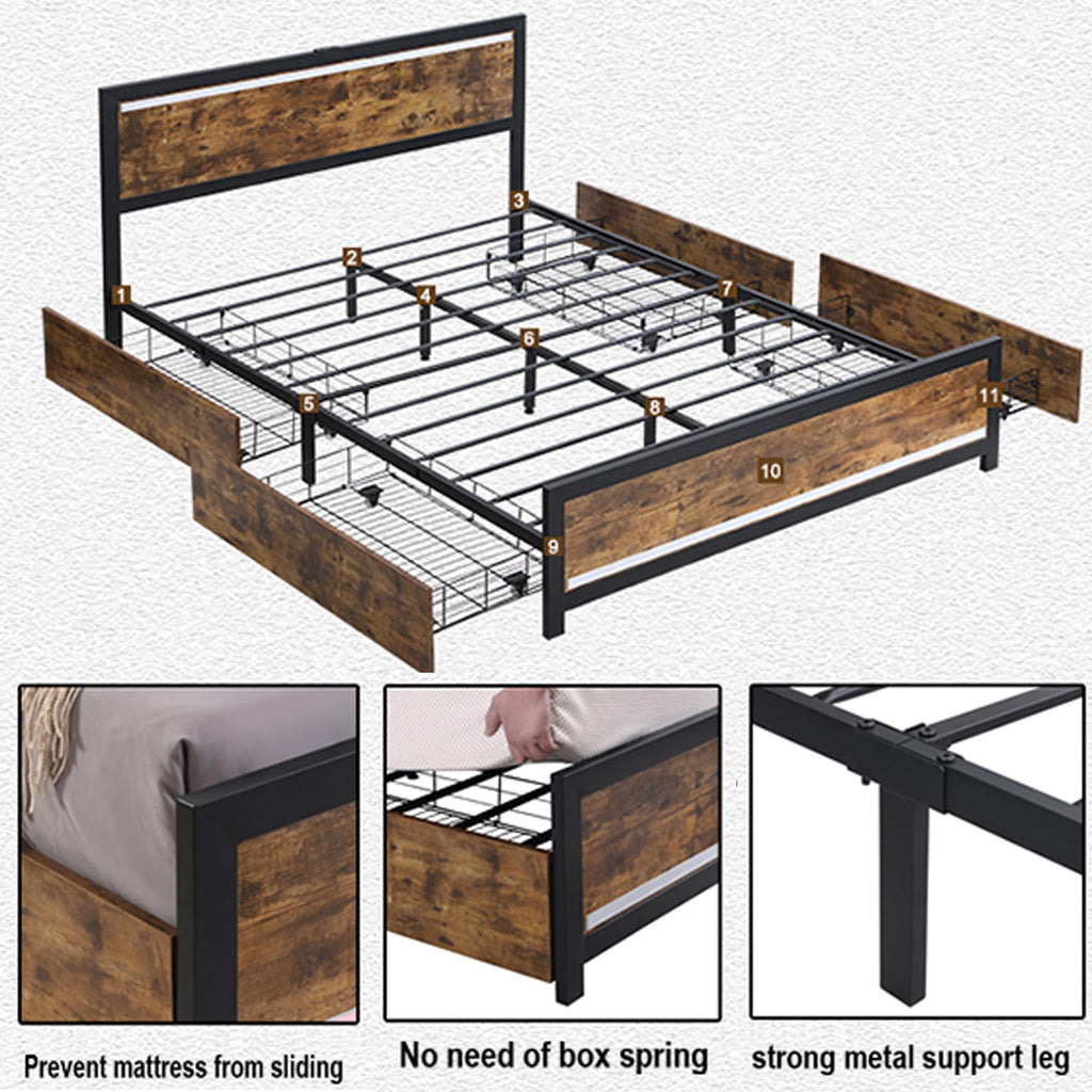 King Size Wood Bed Frame with 4 Storage Drawers P562