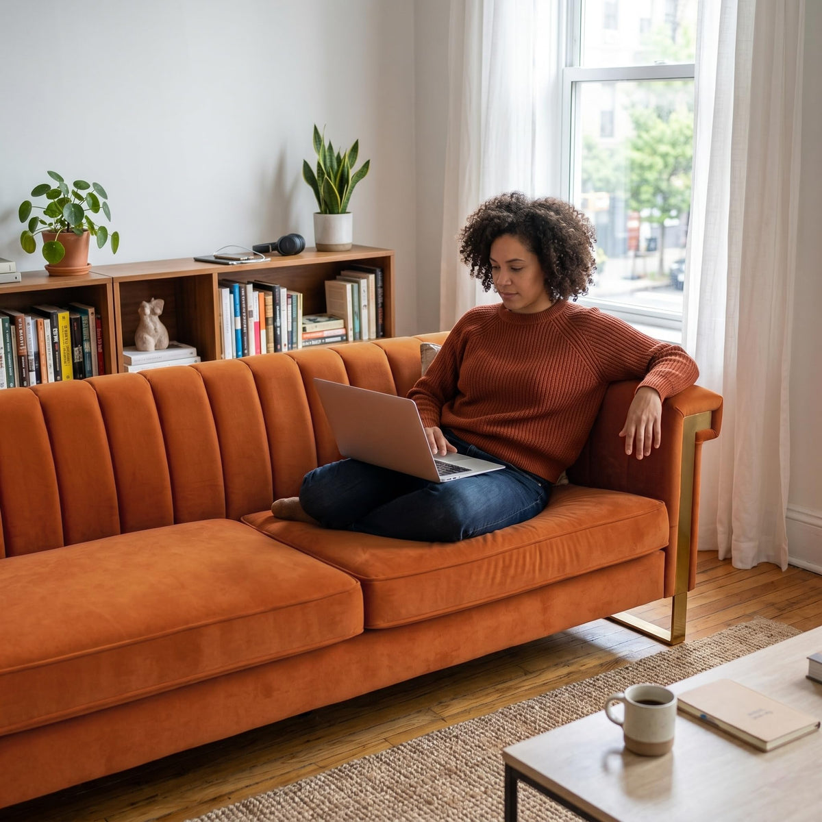Orange Velvet 3 Seater Sofa with Gold Metal Legs C346