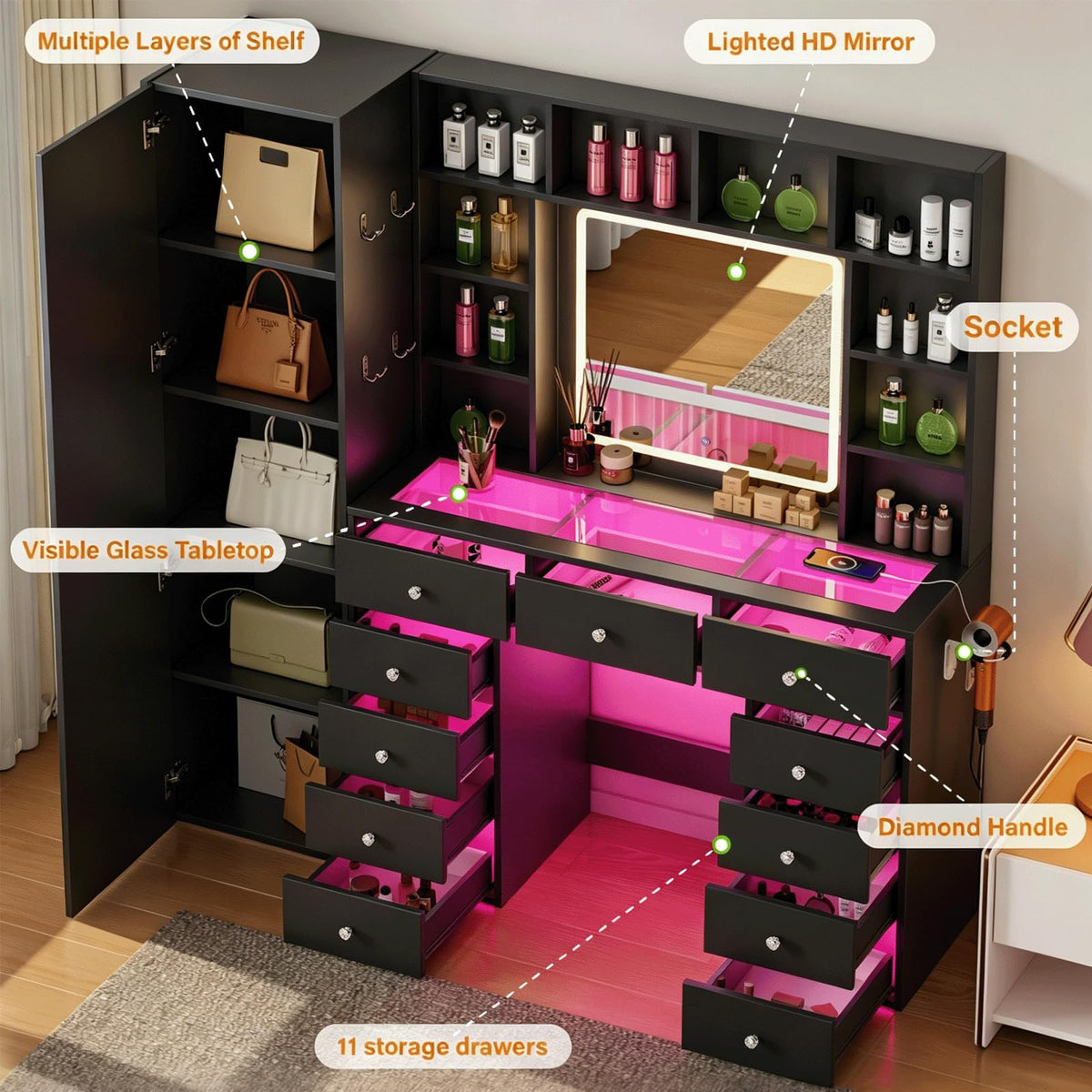 Full Length Mirror Vanity Desk with LED Mirror and 11 Drawers K52690