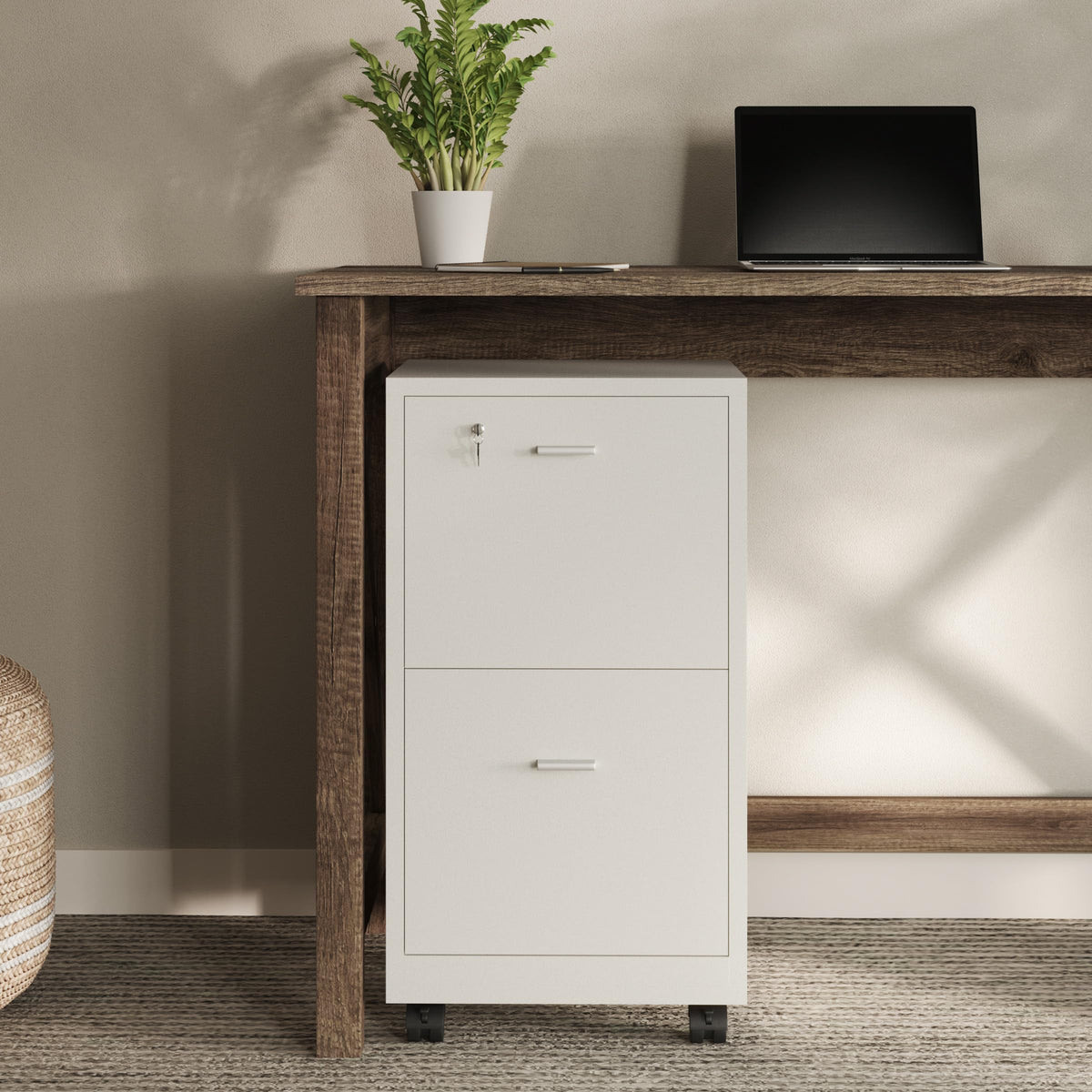 White 2-Drawer Wooden File Cabinet with Lock X7475