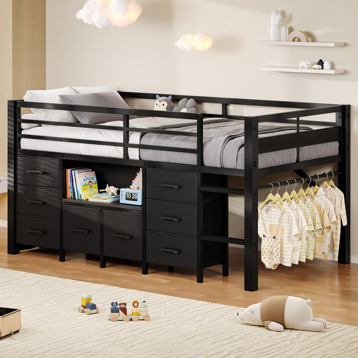 Black Twin Size Low Loft Bed with 8 Storage Drawers T719