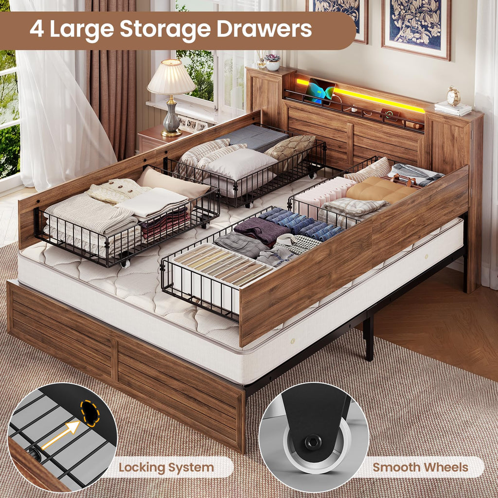 Brown Full Size Wood Bed Frame with Headboard and Storage I40896