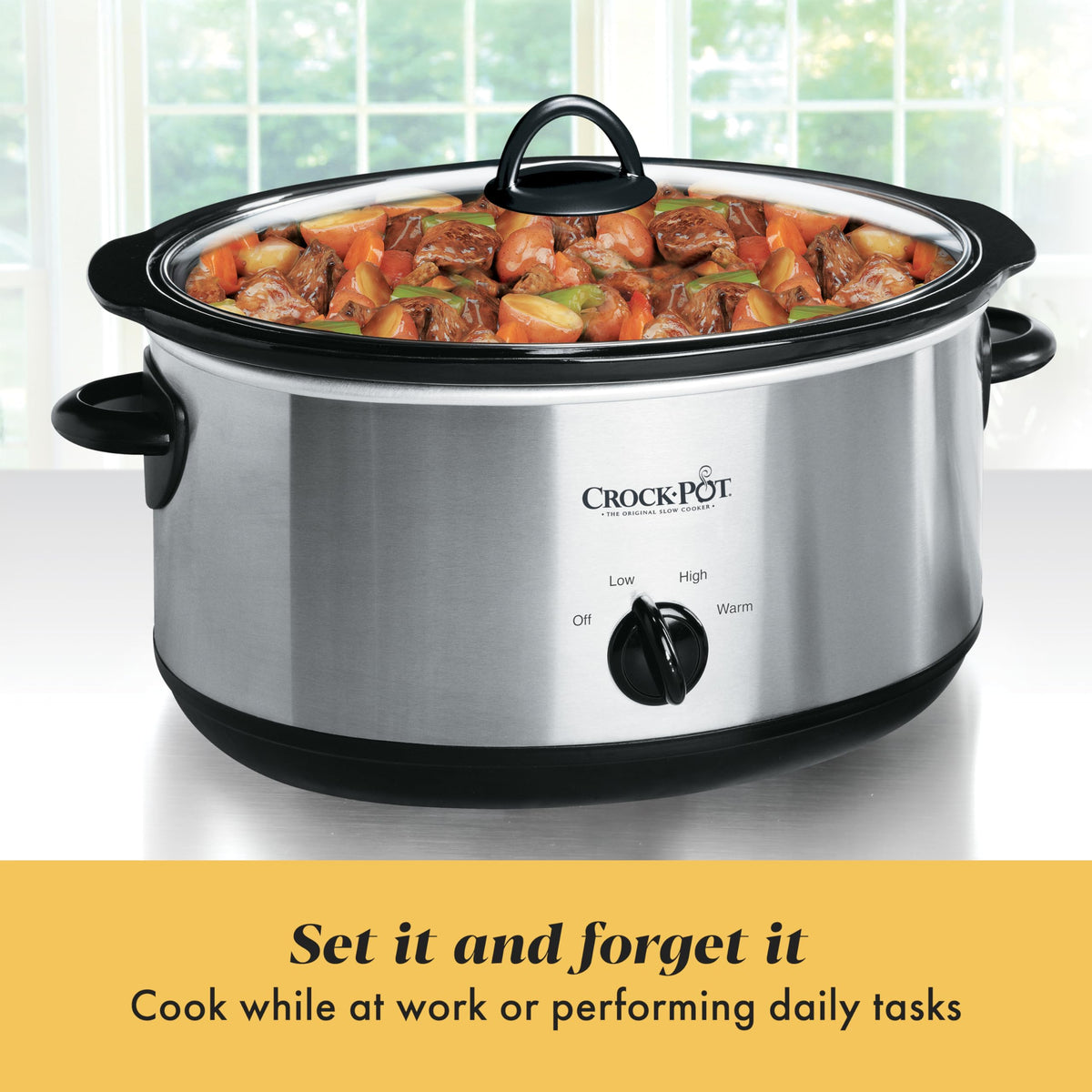 7-Quart Manual Slow Cooker, Family Size, Removable Stoneware, Dishwasher Safe, Stainless Steel T232722