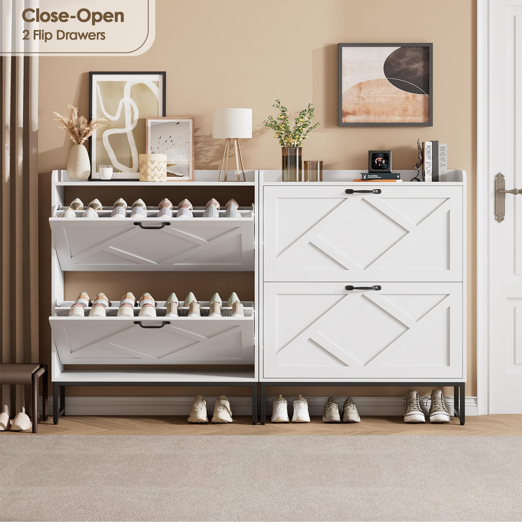White 2 Flip Drawer Shoe Storage Cabinet U9012