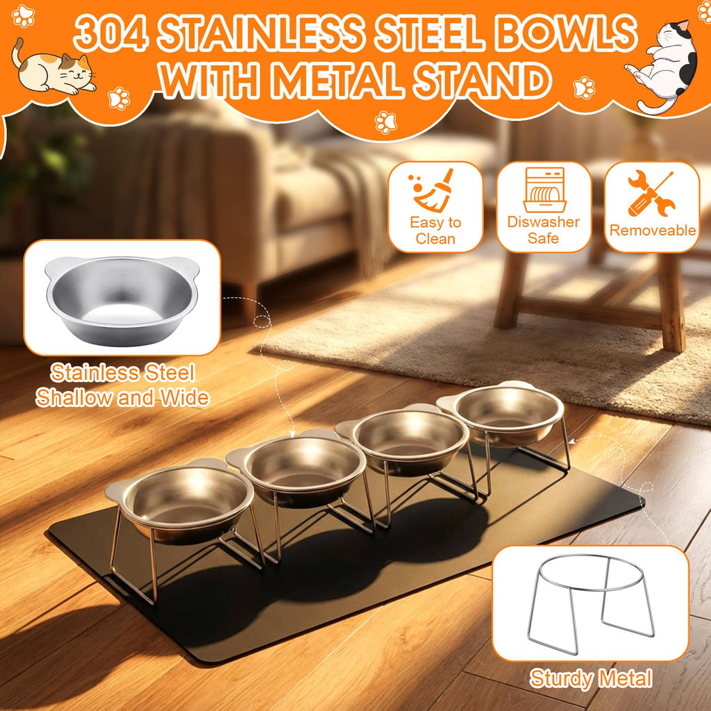 4 Set Elevated Stainless Steel Cat Food Water Bowls I27813