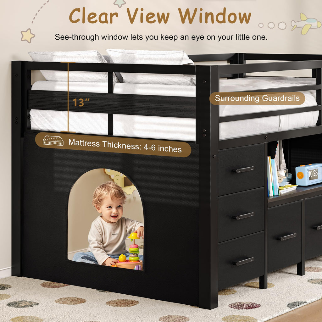 Black Twin Size Low Loft Bed with 8 Storage Drawers T719