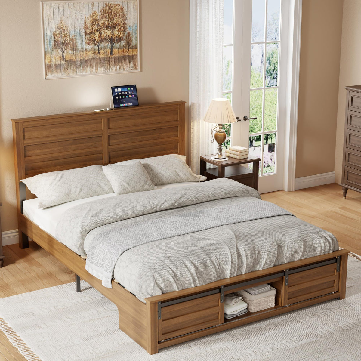 Queen Size Wooden Bed Frame with Headboard and Storage Footboard E438393