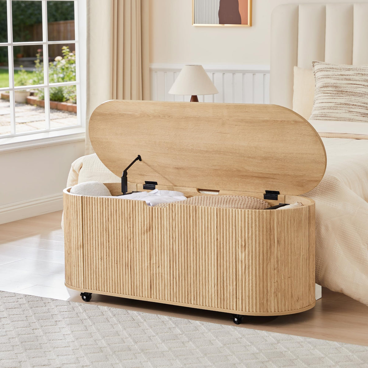 Natural Fluted Storage Bench with 4 Wheels N4400