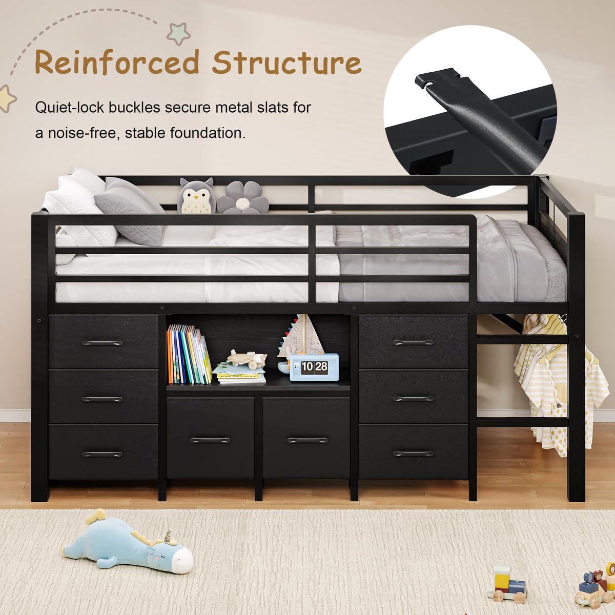 Black Twin Size Low Loft Bed with 8 Storage Drawers T719