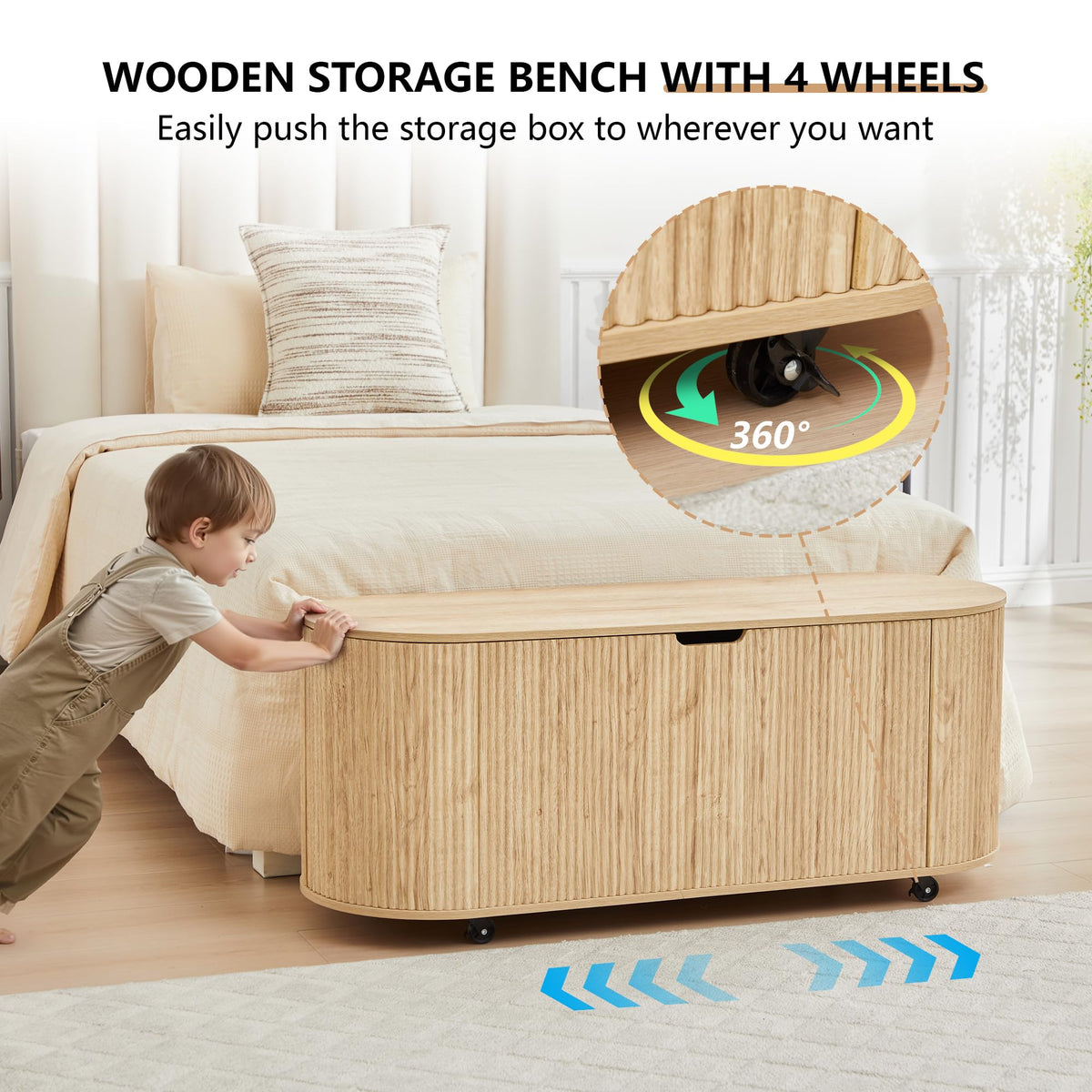 Natural Fluted Storage Bench with 4 Wheels N4400