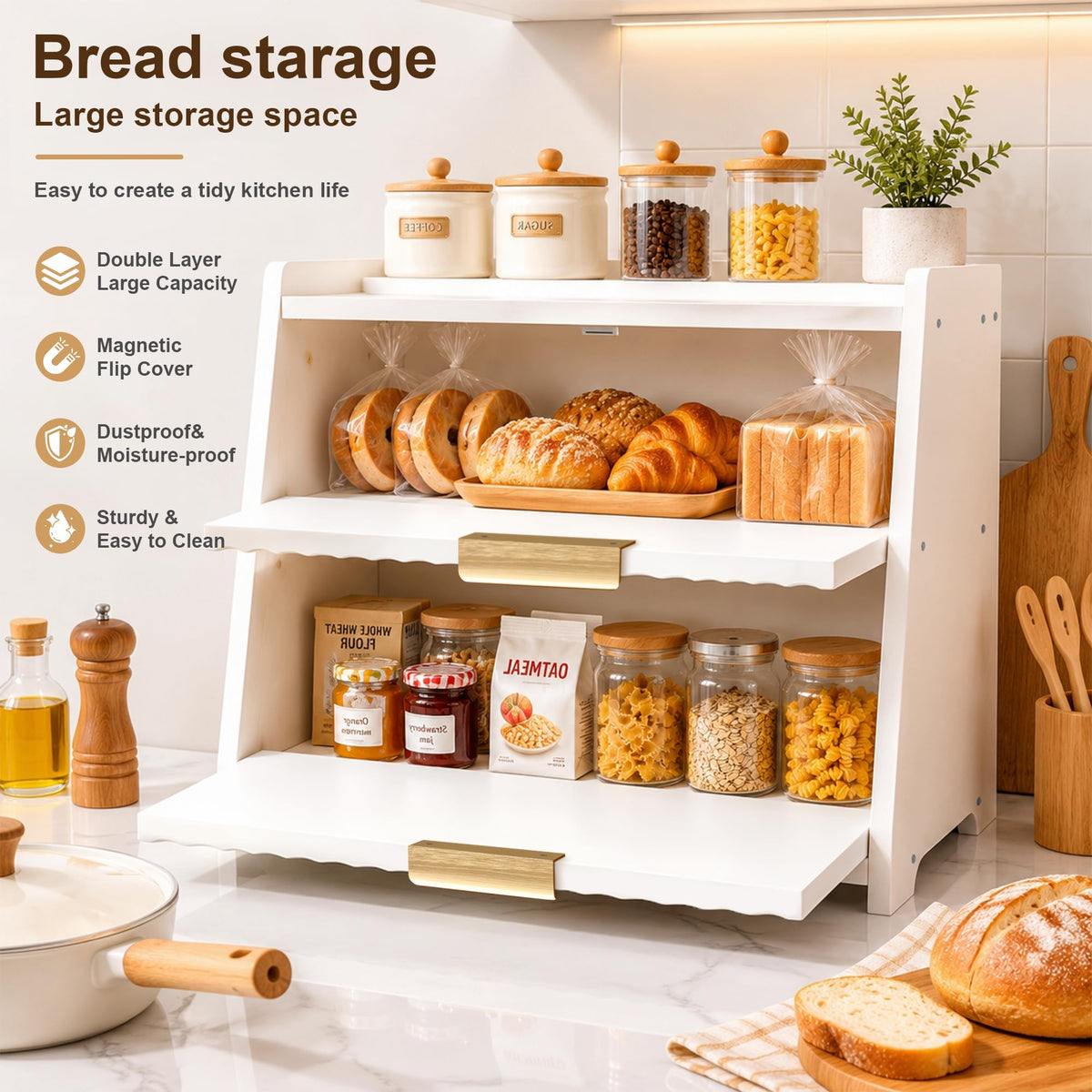 White Double Layer Wooden Bread Box A634071
