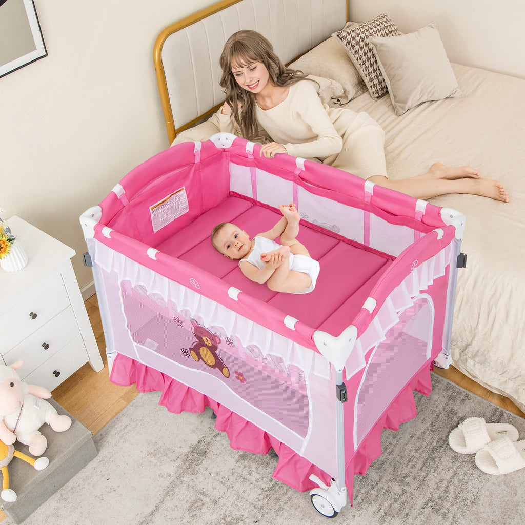 4-in-1 Pack and Play with Canopy, Changing Table and Bassinet, Hot Pink J116611
