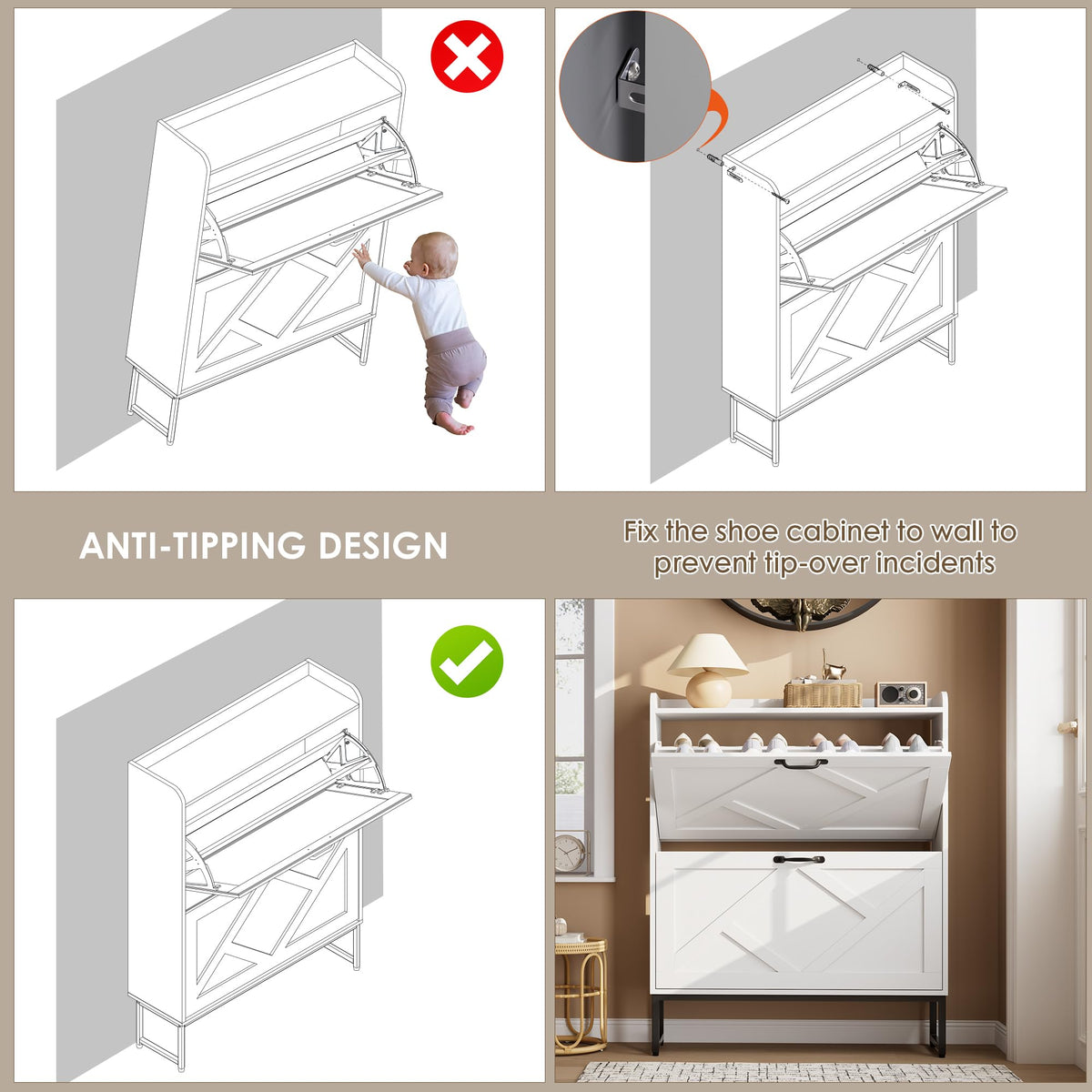 White 2 Flip Drawer Shoe Storage Cabinet U9012