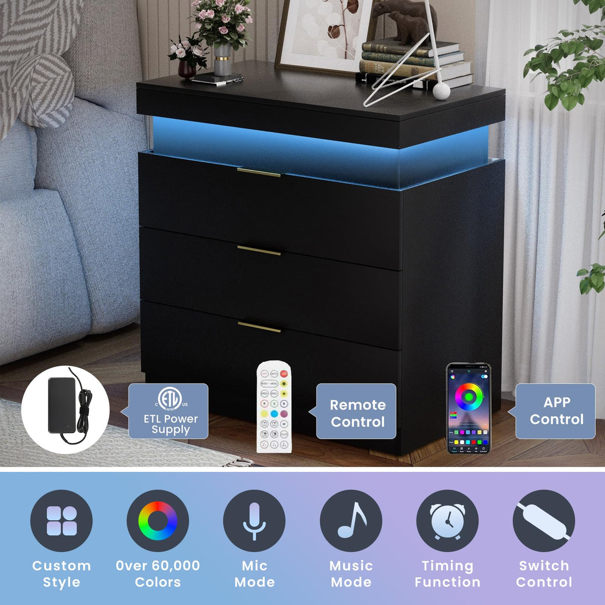 Black Nightstand with Charging Station and LED Lights P656