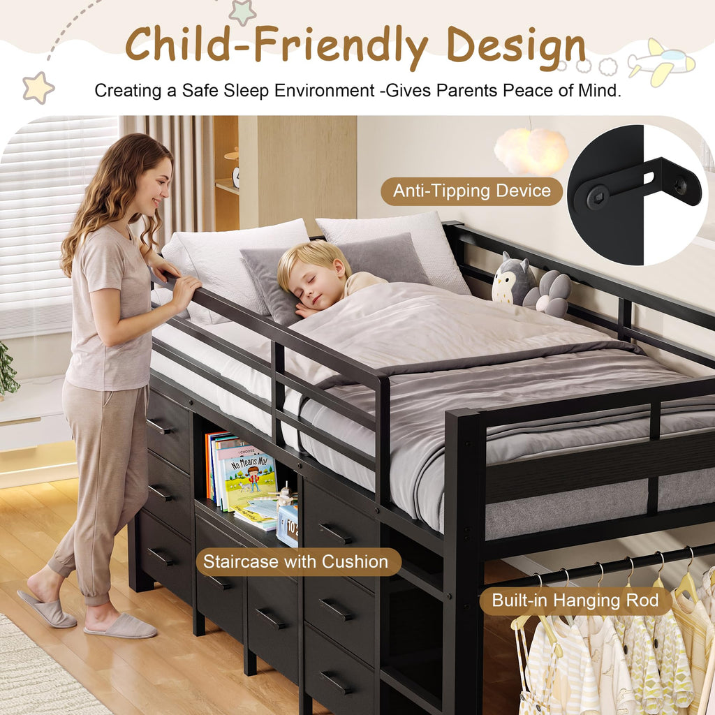 Black Twin Size Low Loft Bed with 8 Storage Drawers T719