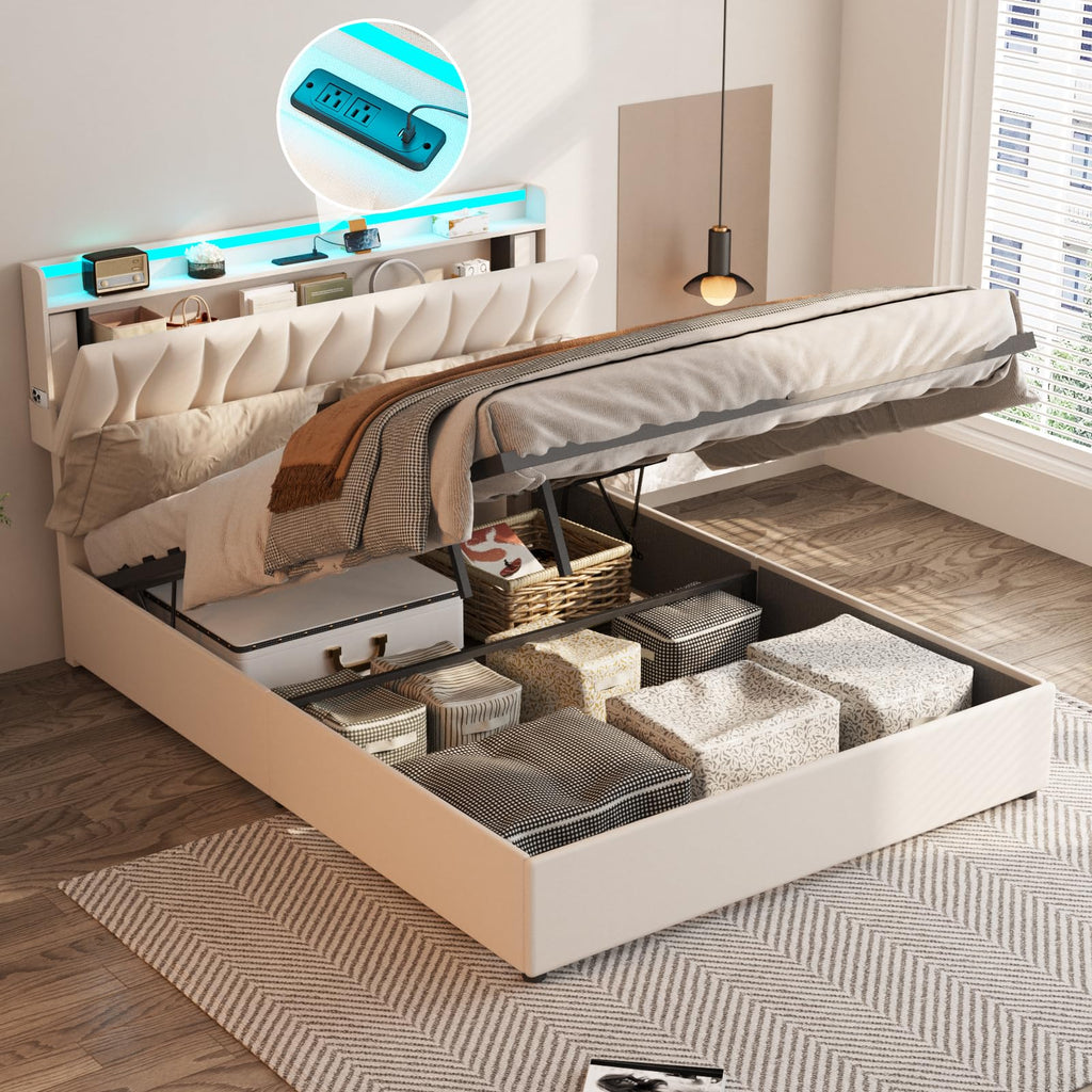 Beige Full Size Lift Up Storage Bed Frame with Charging Station K463