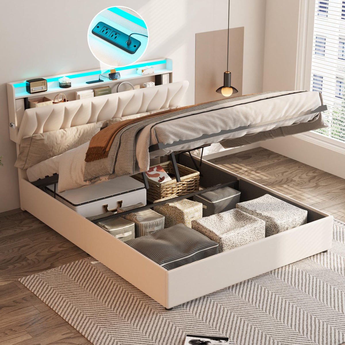 Beige Full Size Lift Up Storage Bed Frame with Charging Station K463