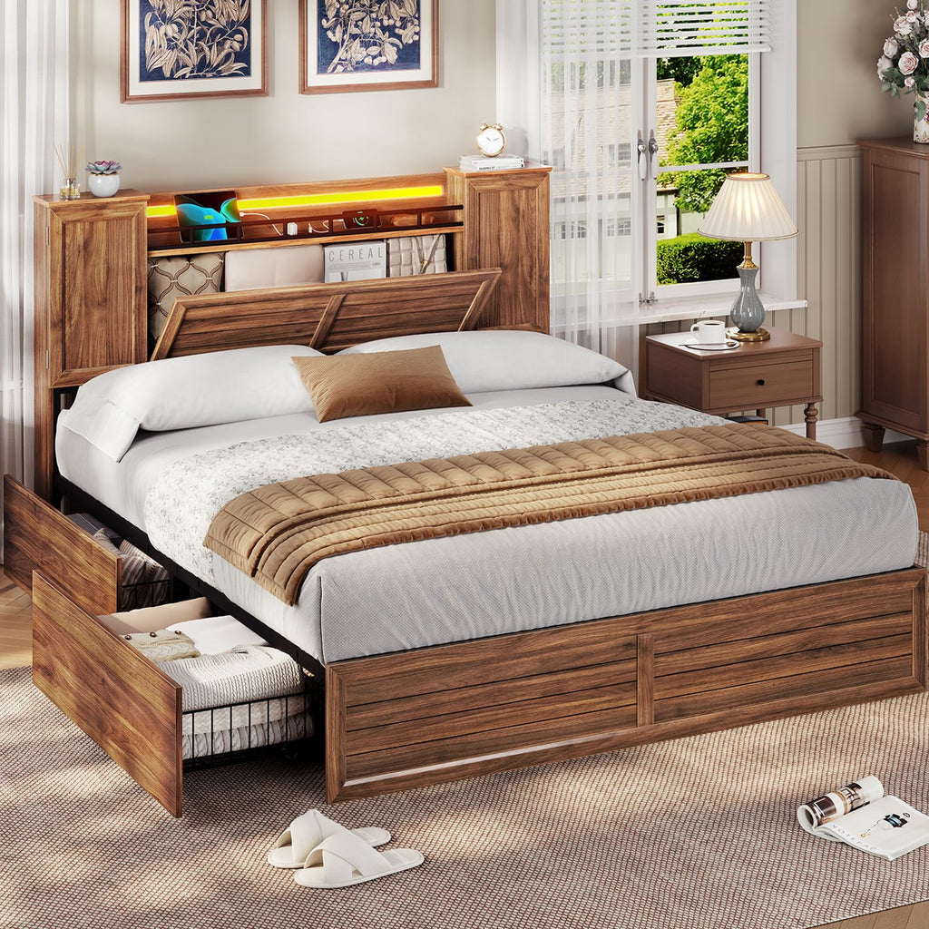 Brown Full Size Wood Bed Frame with Headboard and Storage I40896