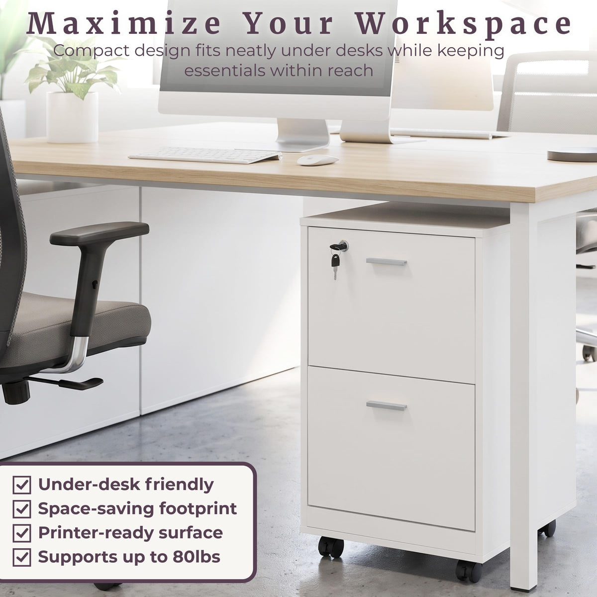 White 2-Drawer Wooden File Cabinet with Lock X7475