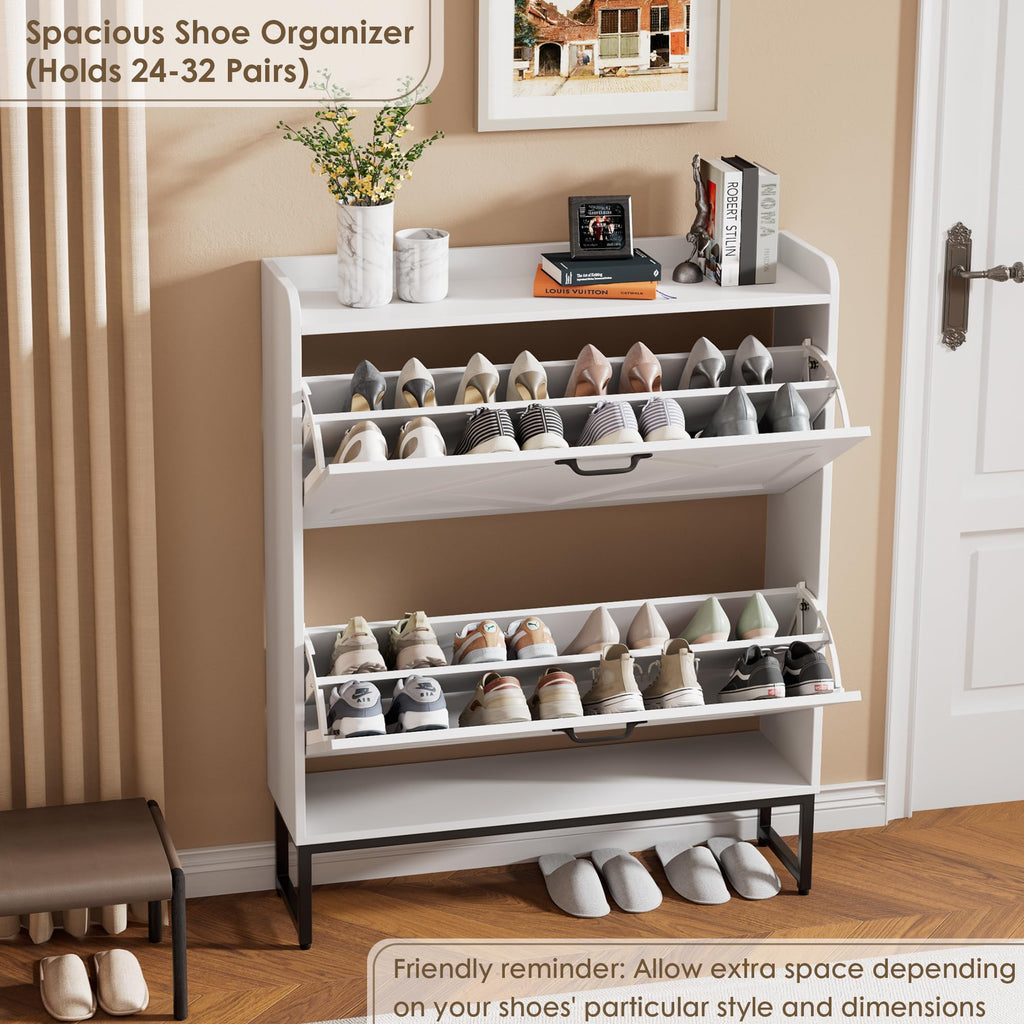 White 2 Flip Drawer Shoe Storage Cabinet U9012