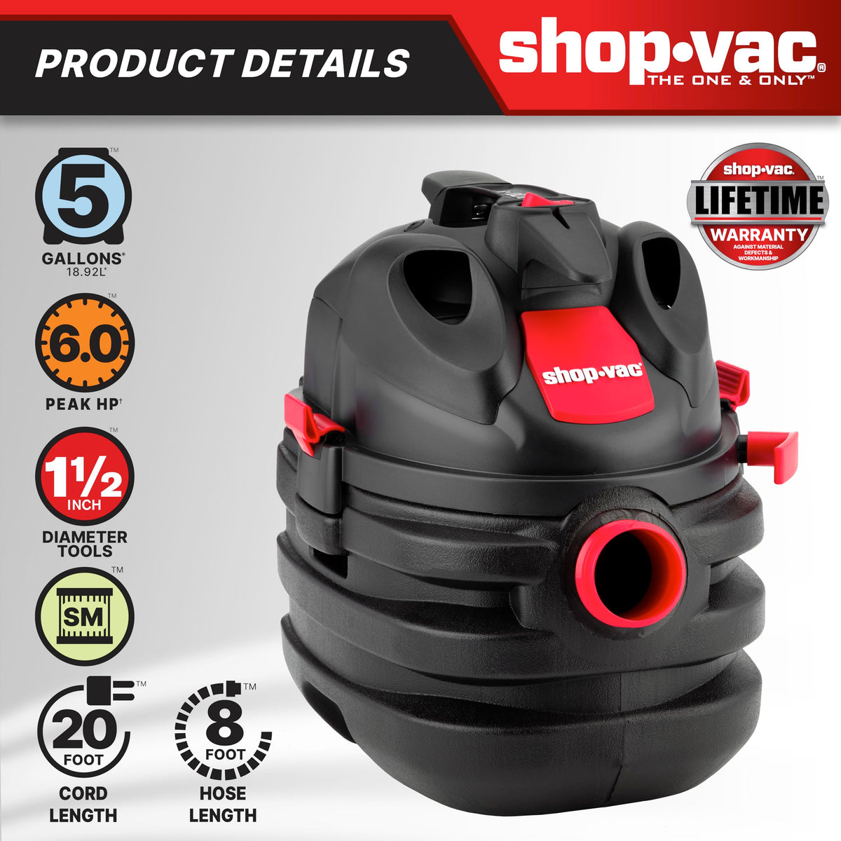 5 Gallon 6.0 Peak HP Portable Wet/Dry Vacuum G1909