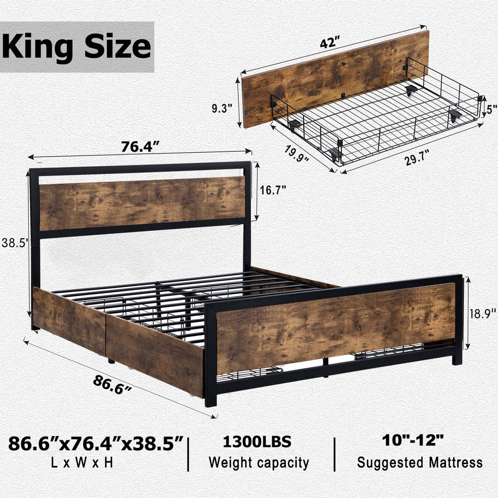King Size Wood Bed Frame with 4 Storage Drawers P562