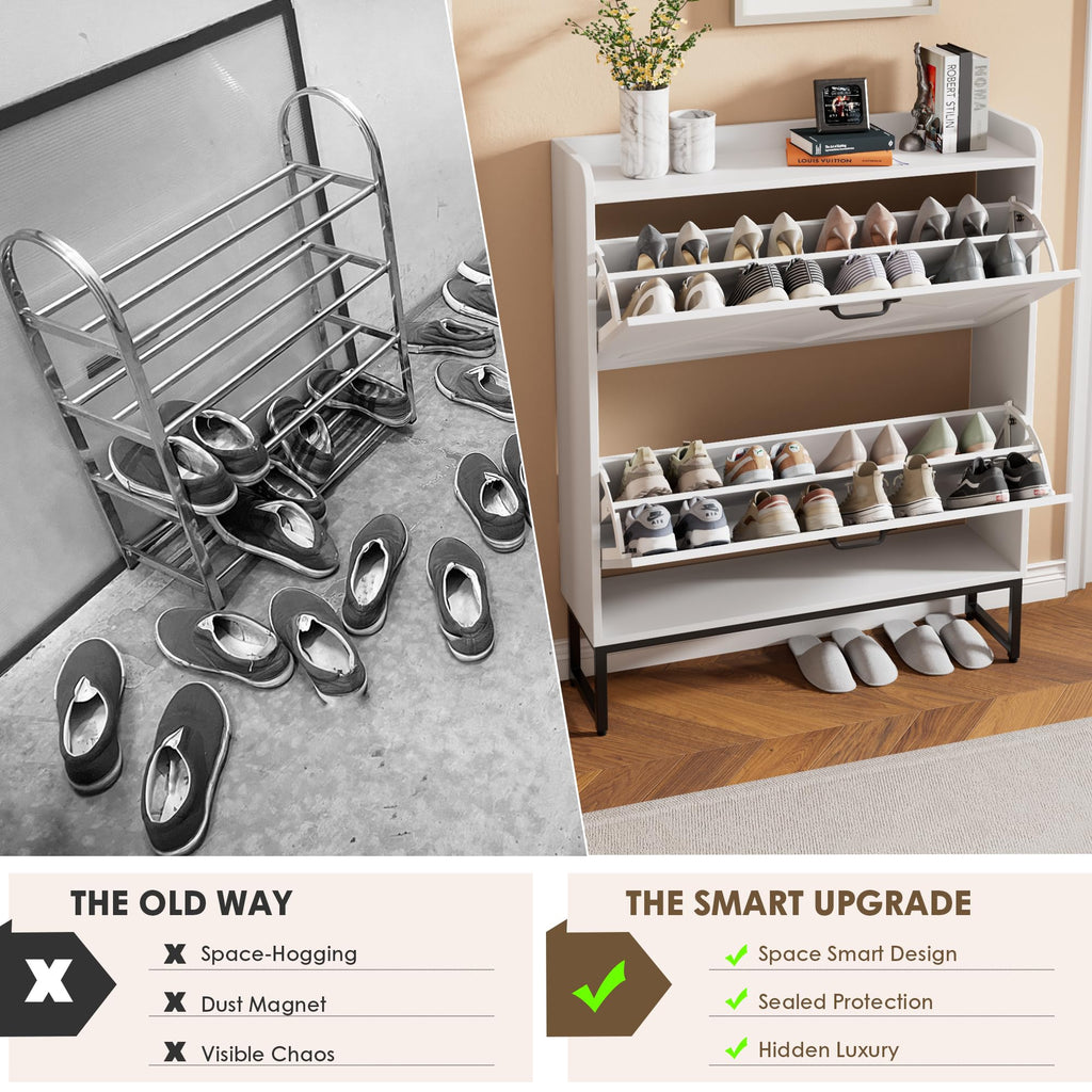 White 2 Flip Drawer Shoe Storage Cabinet U9012